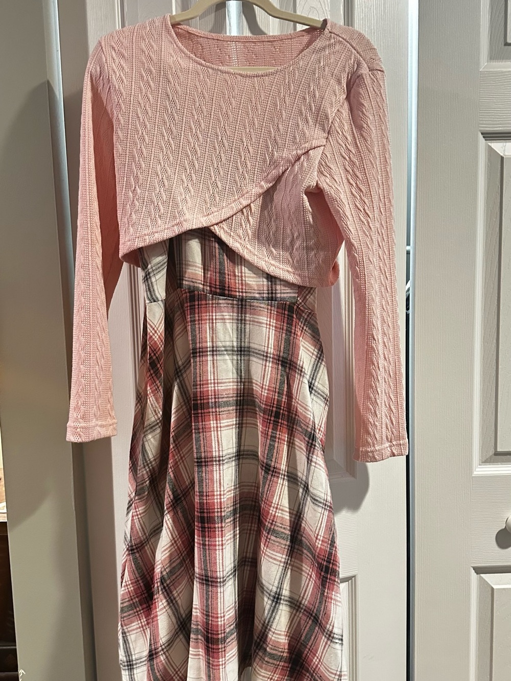 Pink Cable-Knit Midi Dress with Plaid Skirt